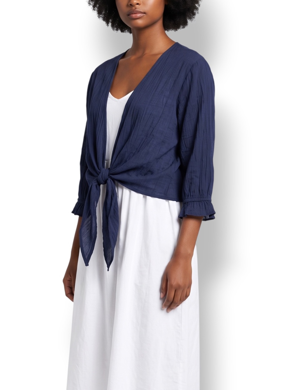 4/$20 Phool Navy Tie Front Crinkle Blouse Ruffle Cuff Large